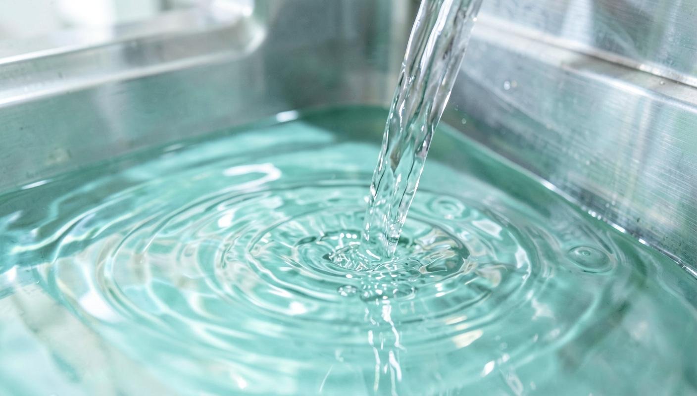 Água limpa em movimento em ambiente industrial de aço inox