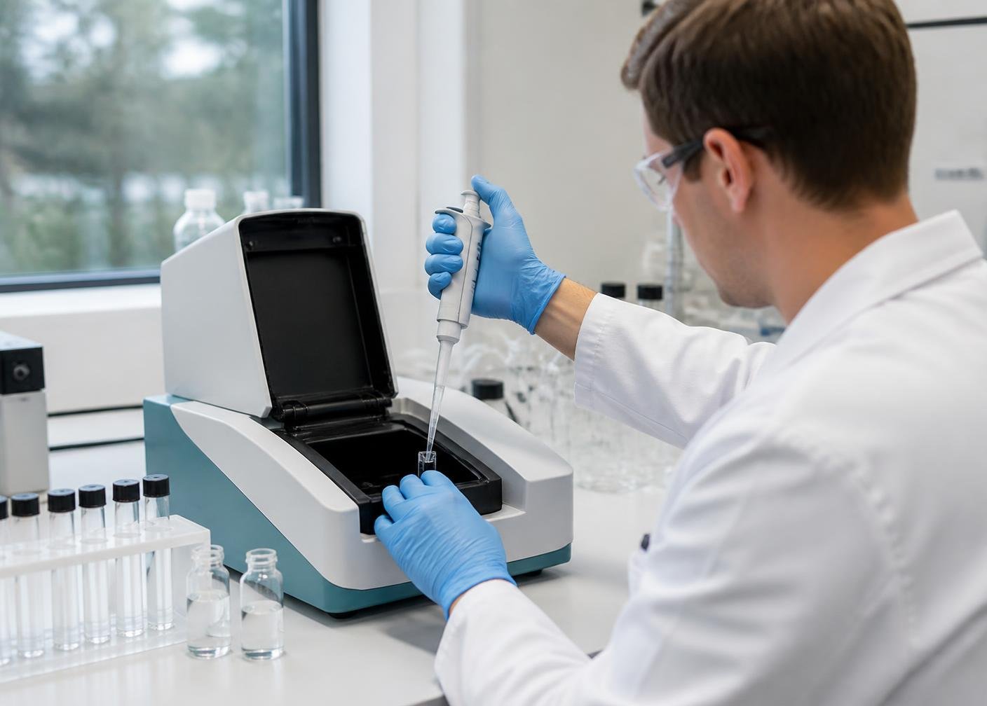 Profissional de laboratório realizando análise instrumental de amostra de água