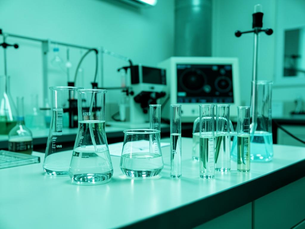 Vidrarias com amostras de água em bancada de laboratório para análise físico-química