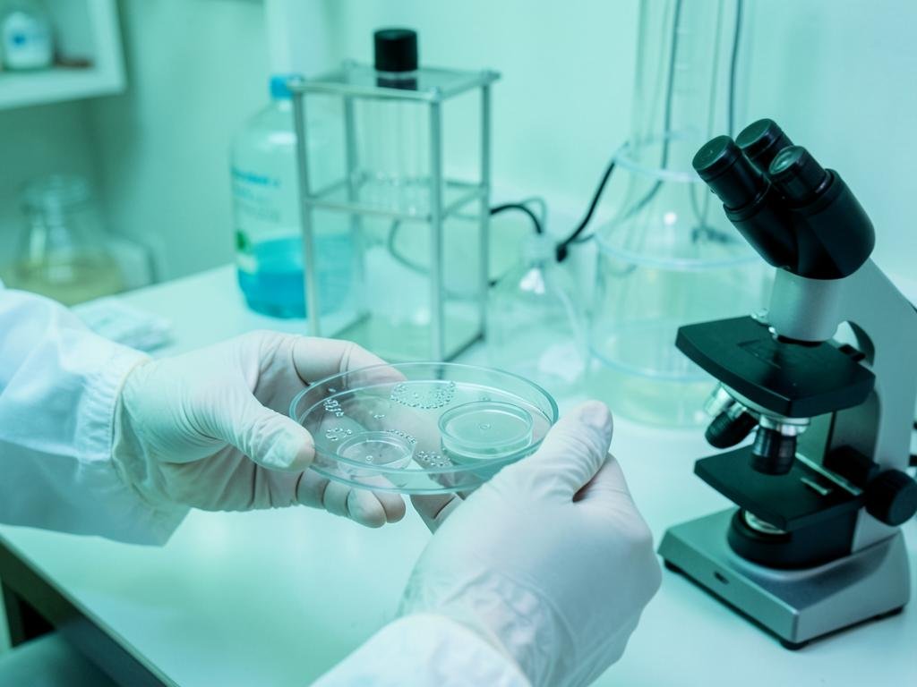 Analista segurando placas de Petri em análise microbiológica de água