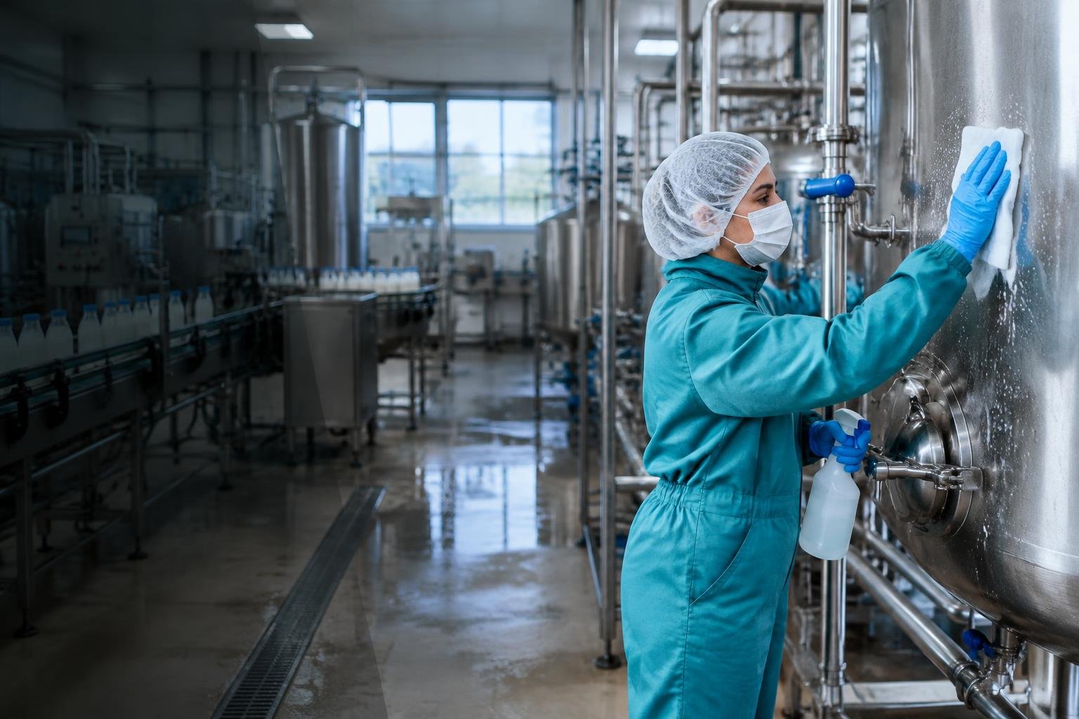 Profissional higienizando equipamentos de aço inox em indústria de alimentos