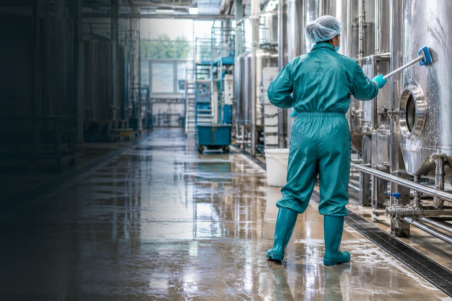 Profissional higienizando equipamentos em uma instalação industrial