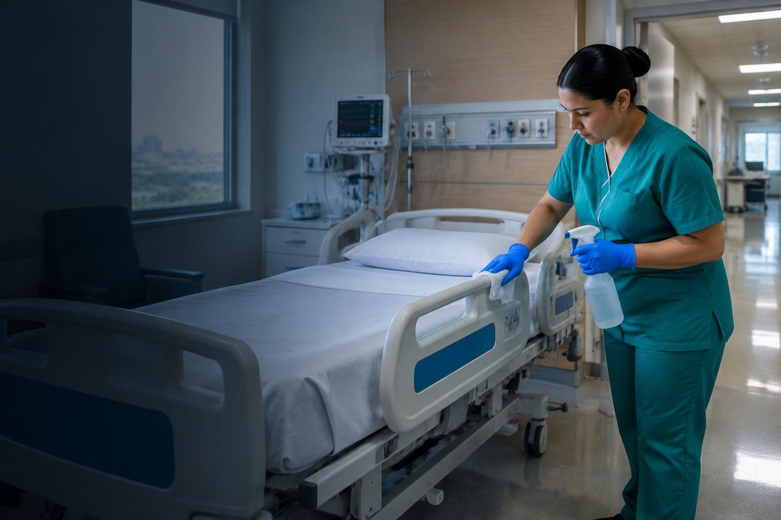 Profissional higienizando superfície de alto toque em leito hospitalar