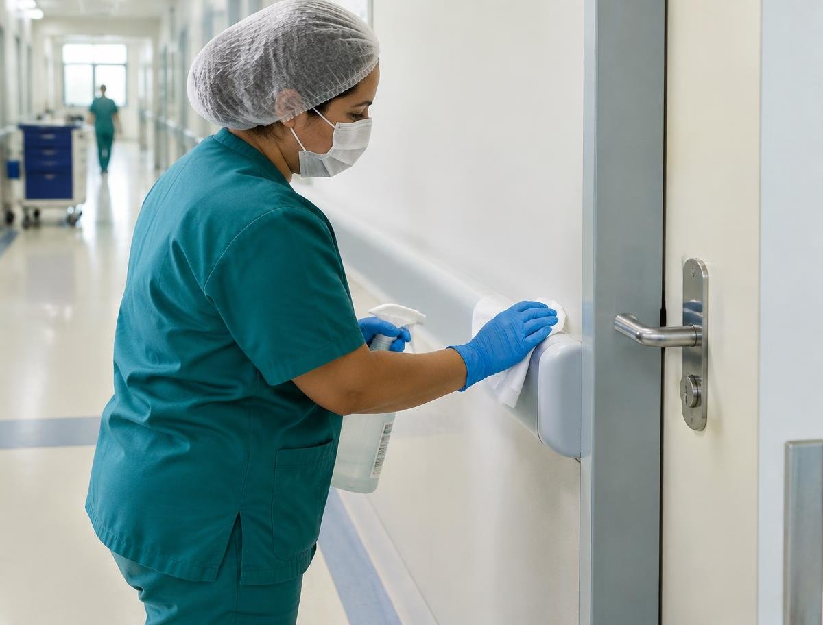 Higienização de superfície de alto toque em corredor hospitalar