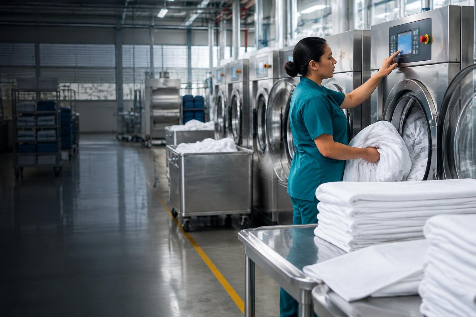Profissional operando lavadora industrial e conferindo ciclo de higienização